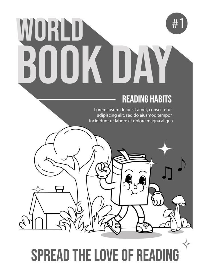 gelukkig wereld boek dag. lezing gewoonten bw. tekenfilm jaren 70 stijl, vector. vector
