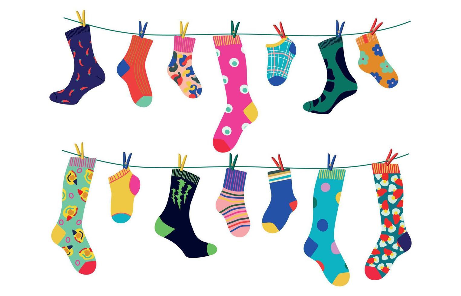 sokken Aan een touw met gekleurde wasknijpers. droog de sok en hangen het Aan een Kledinglijn met wasknijpers. kinderen sokken, voor mannen en Dames. vlak ontwerp stijl. vector illustratie