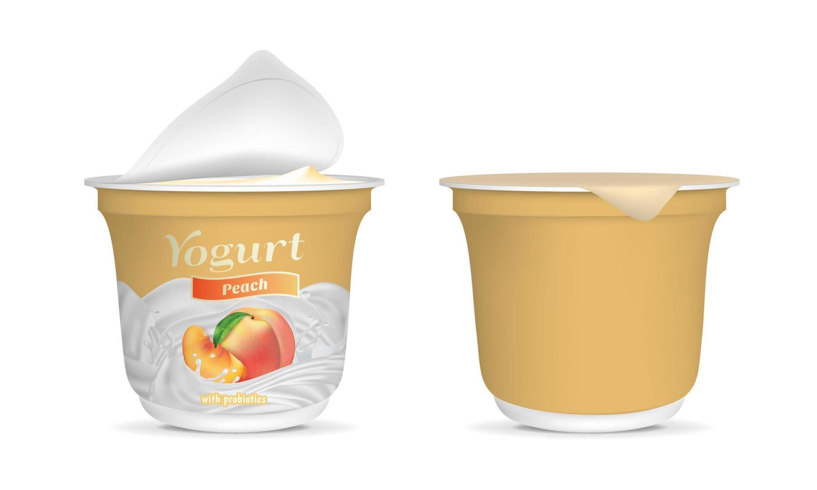 realistisch gedetailleerd 3d Open perzik yoghurt verpakking houder en leeg sjabloon mockup set. vector