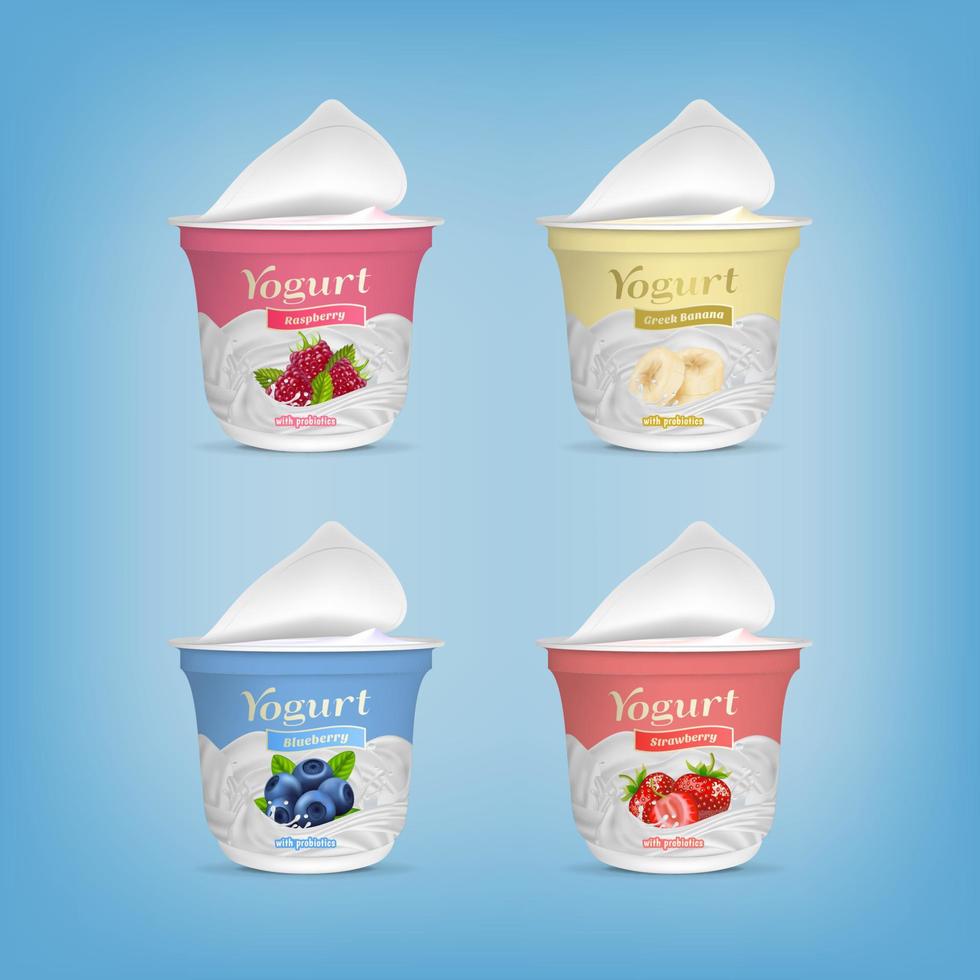 realistisch gedetailleerd 3d Open yoghurt verpakking houder verschillend smaak set. vector