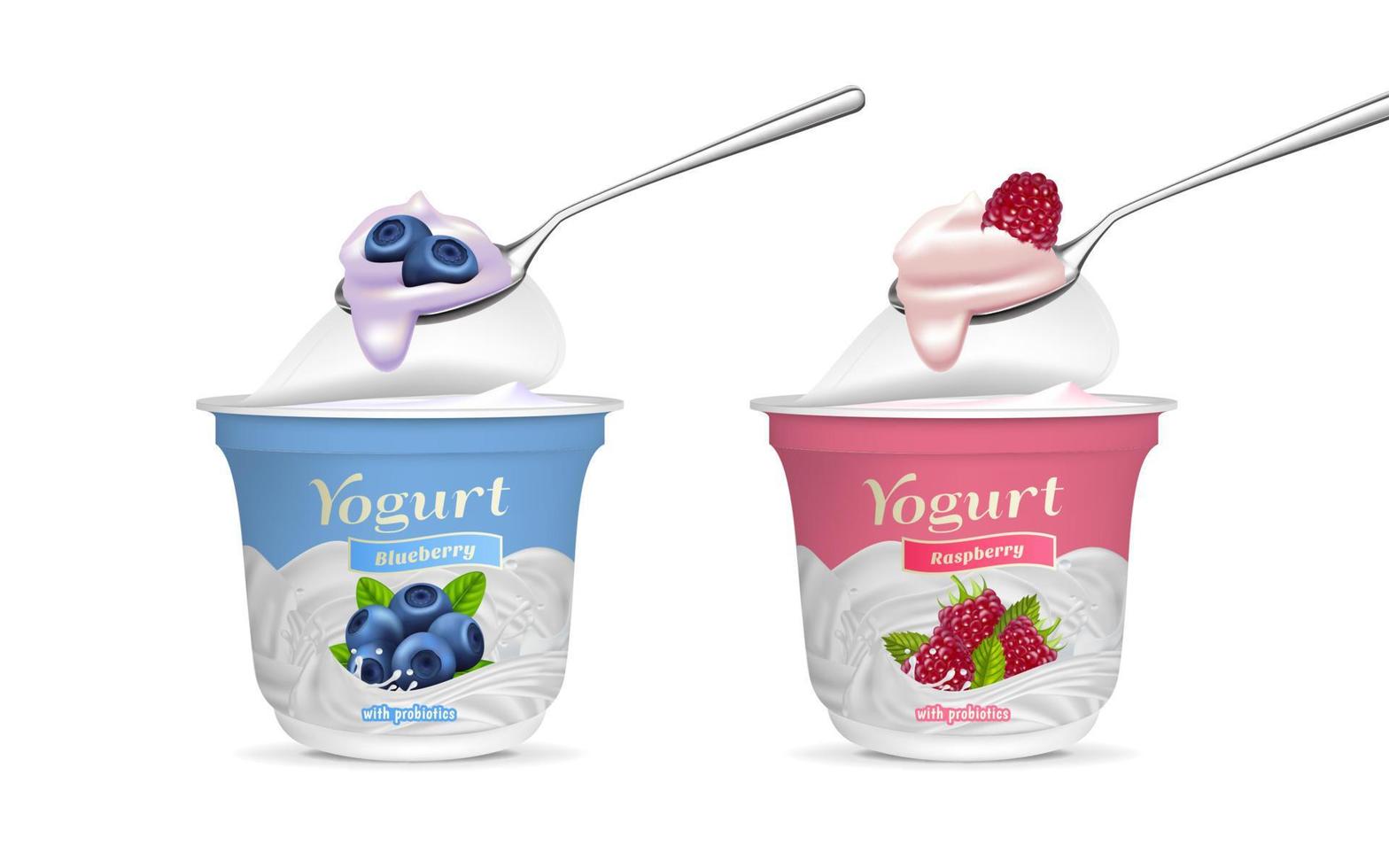 realistisch gedetailleerd 3d bosbes en framboos smaak yoghurt met lepel set. vector