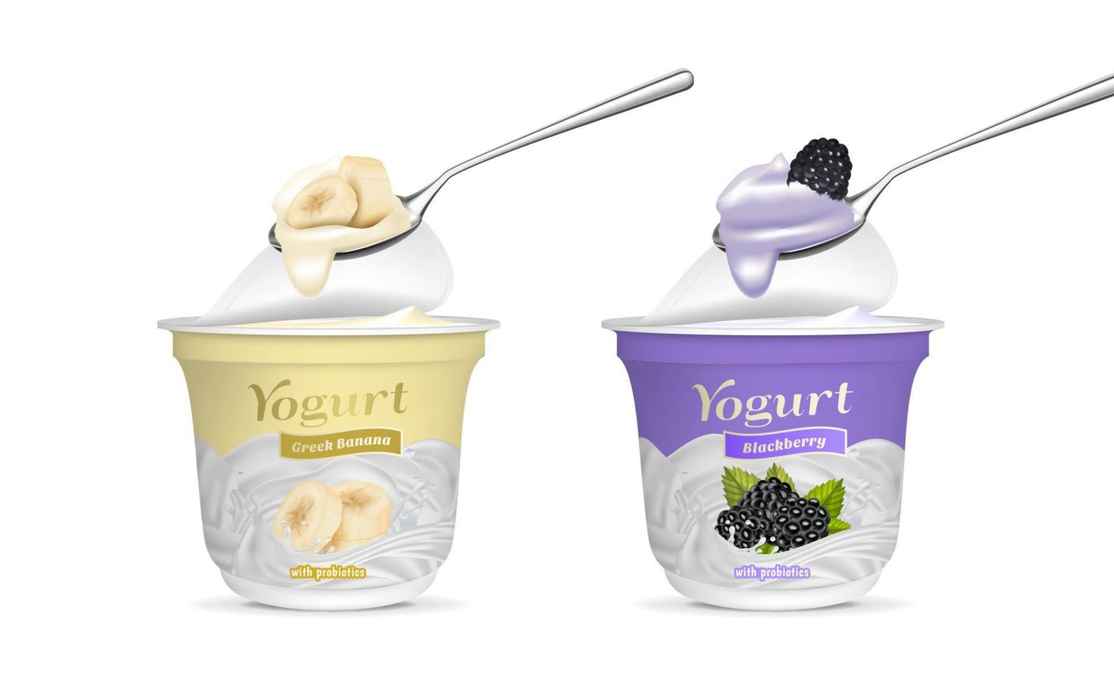 realistisch gedetailleerd 3d braam en Grieks banaan smaak yoghurt met lepel set. vector