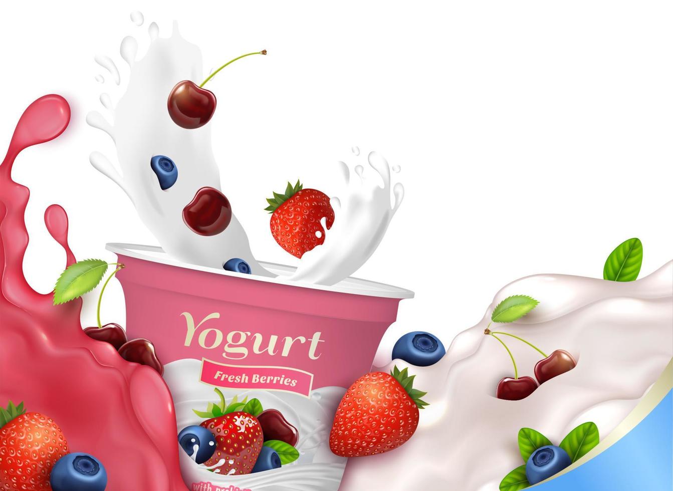 realistisch gedetailleerd 3d vers bessen yoghurt verpakking houder met plons. vector