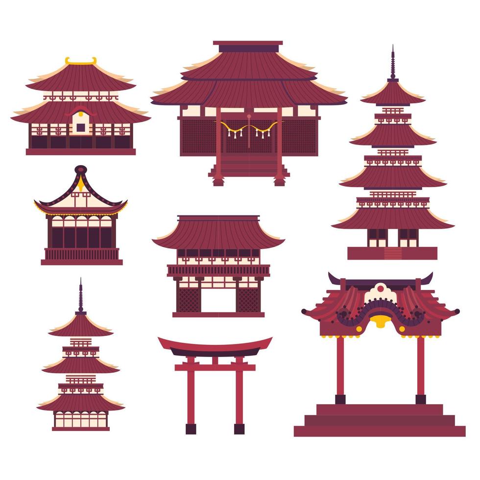 tekenfilm kleur Japans religieus gebouwen set. vector