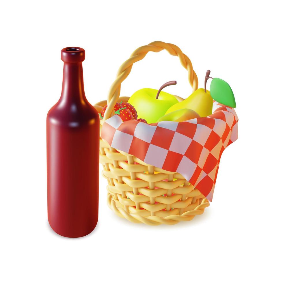 3d picknick mand en rood wijn fles reeks plasticine tekenfilm stijl. vector