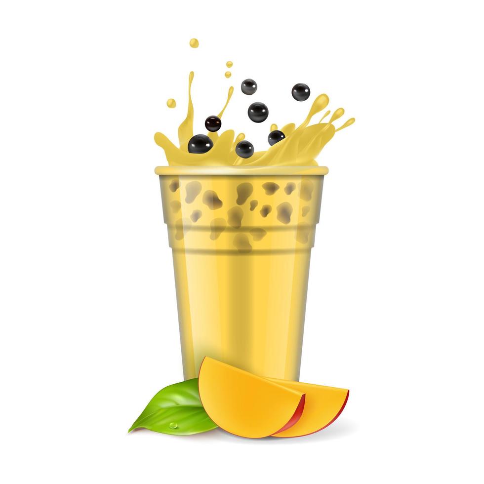 realistisch gedetailleerd 3d bubbel melk thee met zoet rijp mango plak. vector