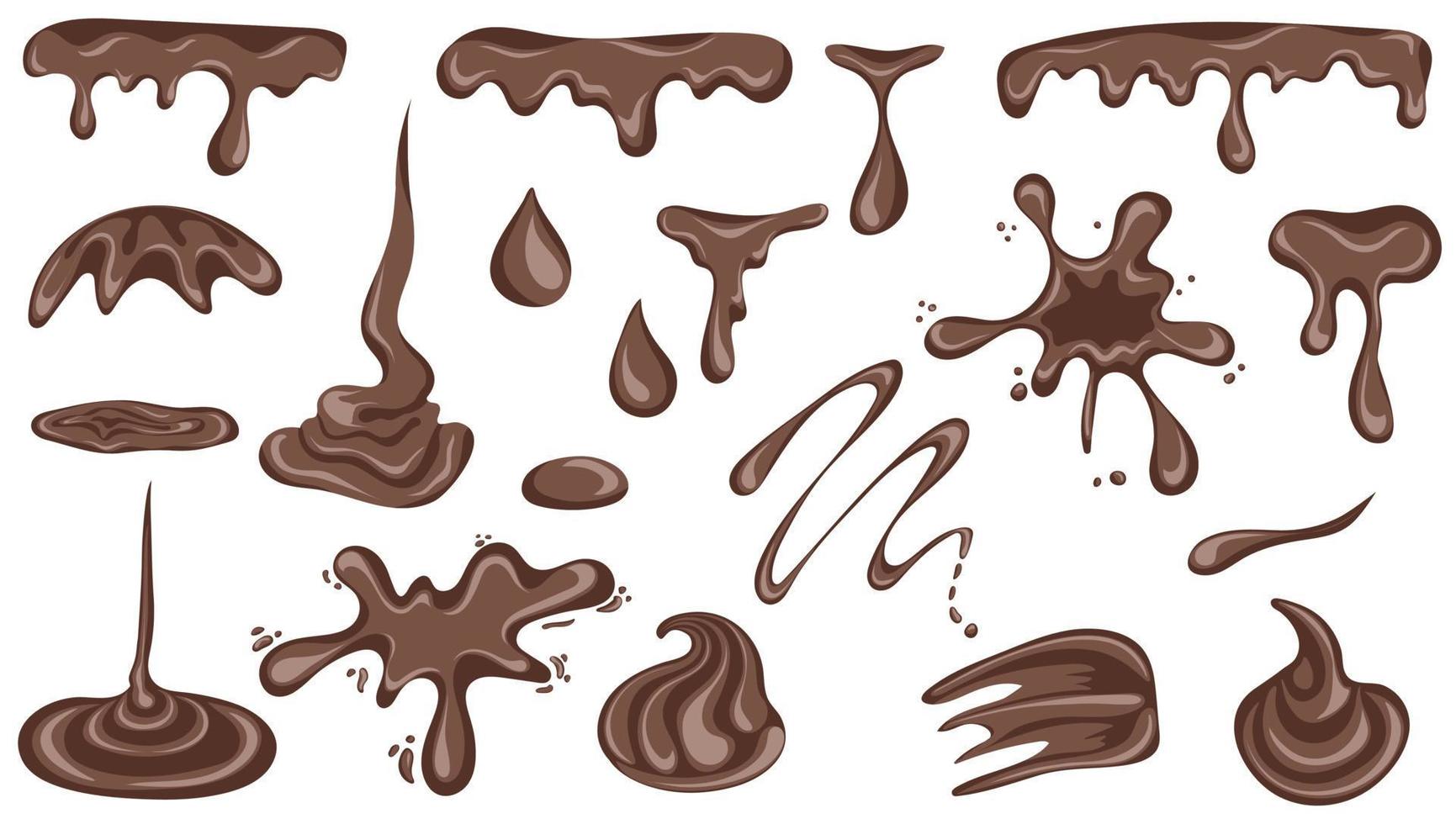 reeks van chocola druppels en vlekken. gesmolten chocola vlekken Aan wit achtergrond vector