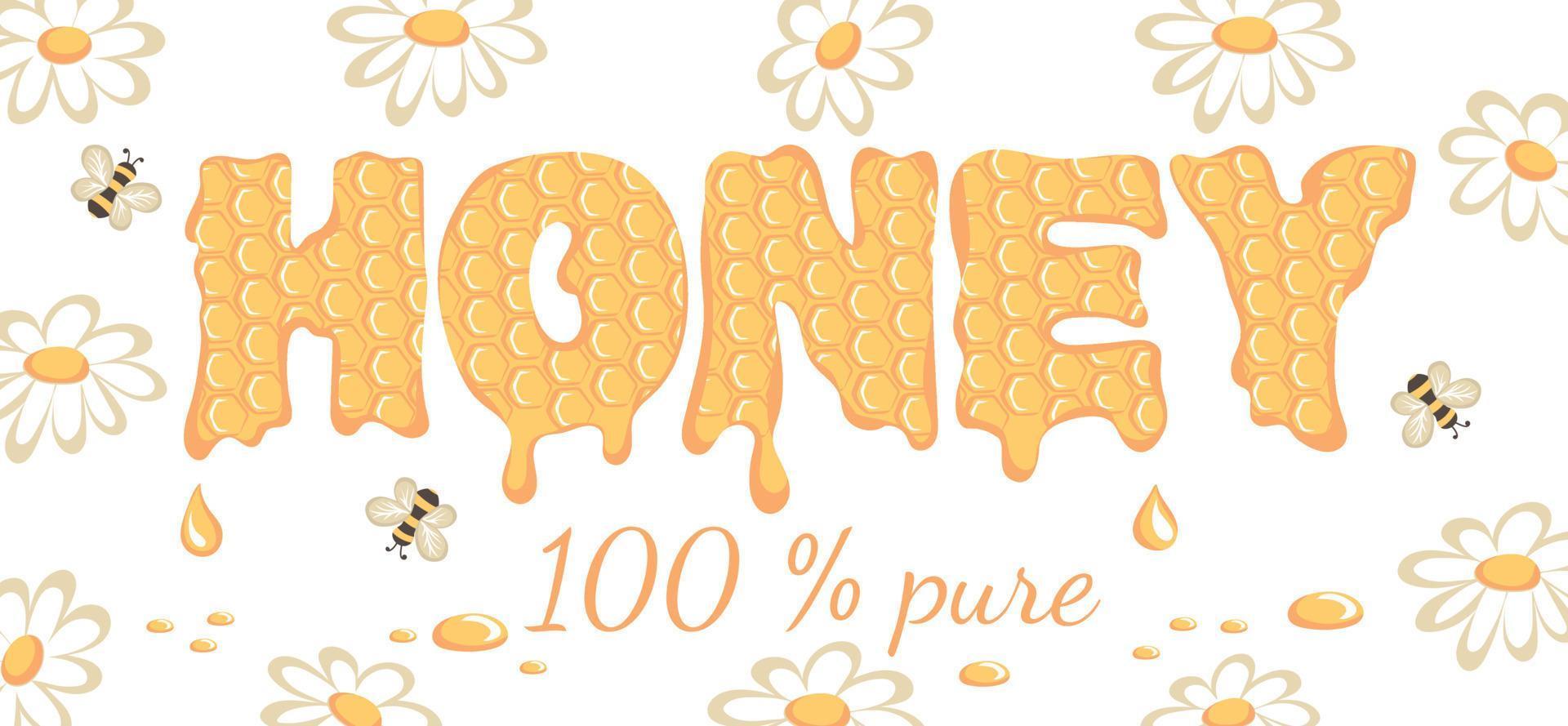 zuiver honing. honing druipend tekst, bijen en madeliefjes geïsoleerd Aan wit achtergrond vector