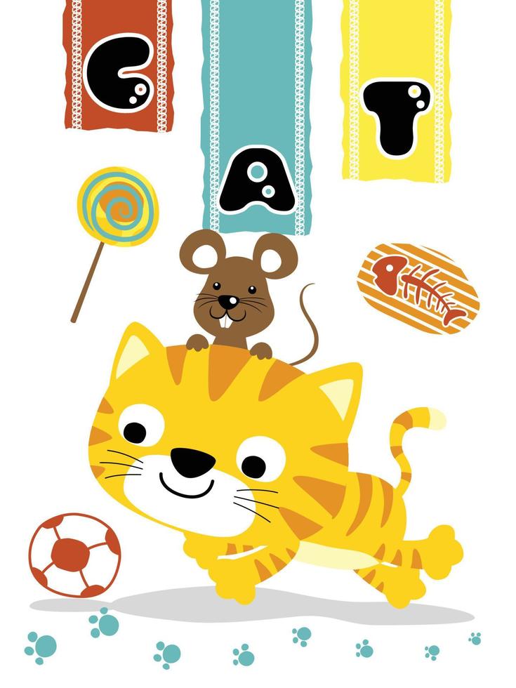 vector tekenfilm van grappig kat en muis spelen bal