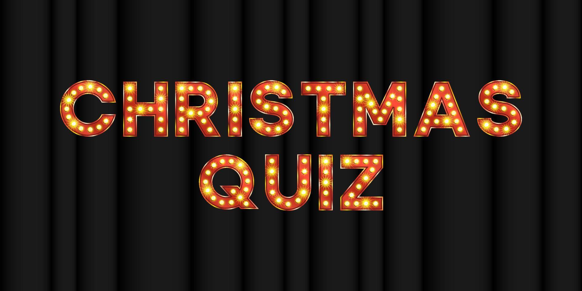 Kerstmis quiz vakantie achtergrond. nieuw jaar partij trivia banier vector. vraag wedstrijd in kroeg. rood gouden typografie banier Aan zwart gordijn. retro creatief broadway nacht wedstrijd illustratie vector