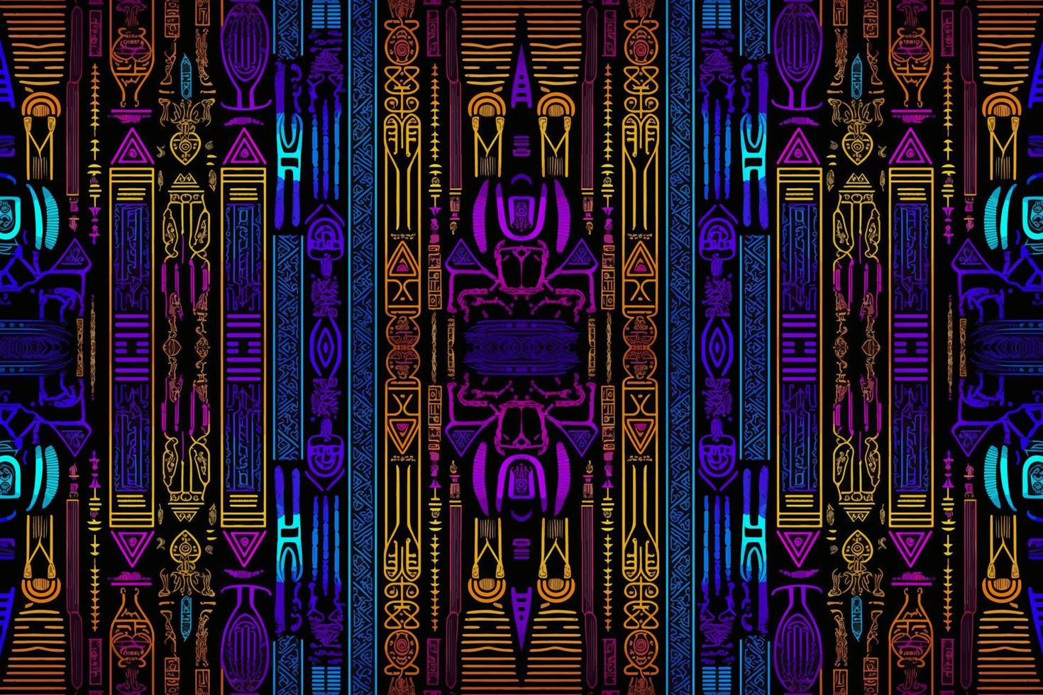 etnisch ikat Egyptische hiërogliefen patroon gloed in de donker achtergrond. abstract traditioneel volk antiek tribal grafisch lijn overladen elegant luxe. structuur textiel kleding stof Egyptische patronen vector. vector