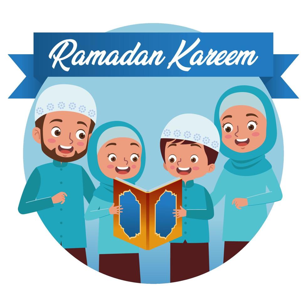 illustratie of vector van een Moslim familie lezing de koran samen, welkom de aankomst van de maand van Ramadan. Ramadan kareem.