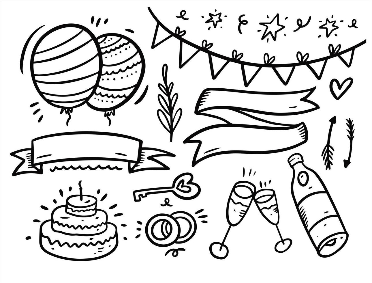 vieren en gelukkig verjaardag doodles elementen set. hand- getrokken zwart kleur schets. vector