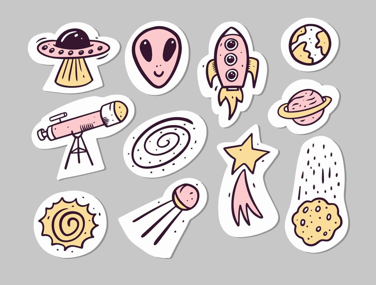 ruimte en kosmisch tekening stickers set. hand- getrokken tekenfilm stickers. vector