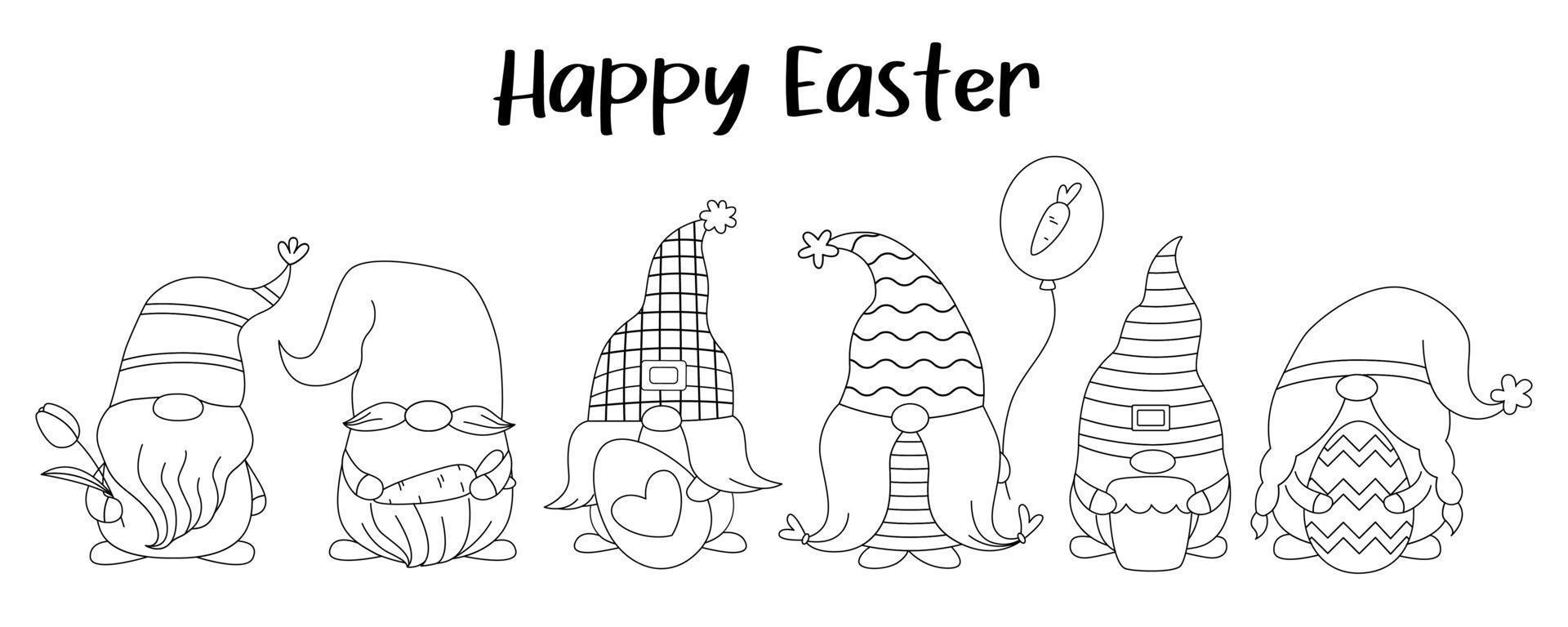 reeks schattig lijn kabouters met eieren, wortel, taart, ballon, tulp voor Pasen en de lente. gelukkig Pasen. tekening tekenfilm stijl. hand- getrokken schets Pasen. vector illustratie voor afdrukken.
