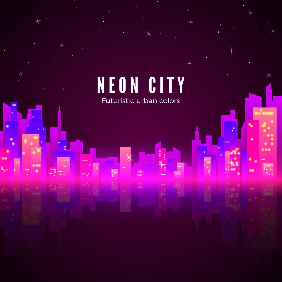 neon stad landschap met gloed en helder kleuren. sci-fi achtergrond. silhouet van futuristische dorp. retro stijl jaren 80. vector illustratie