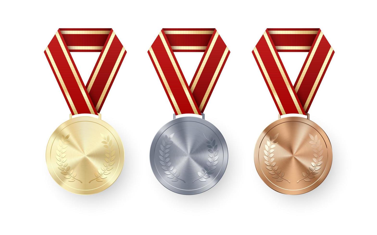 gouden zilver en bronzen medailles met laurier hangende Aan rood lintje. reeks van onderscheidingen. prijs symbool van zege en succes. vector illustratie