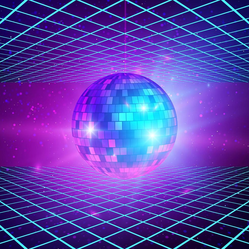 retro achtergrond met laser stralen en spiegel bal. disco partij 80s poster sjabloon. vector illustratie