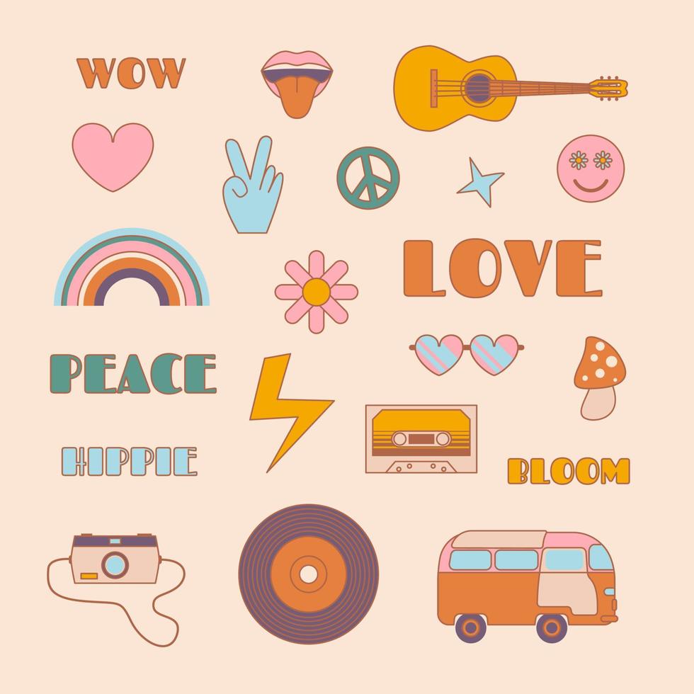 tekenfilm kleur verschillend hippie stickers set. vector