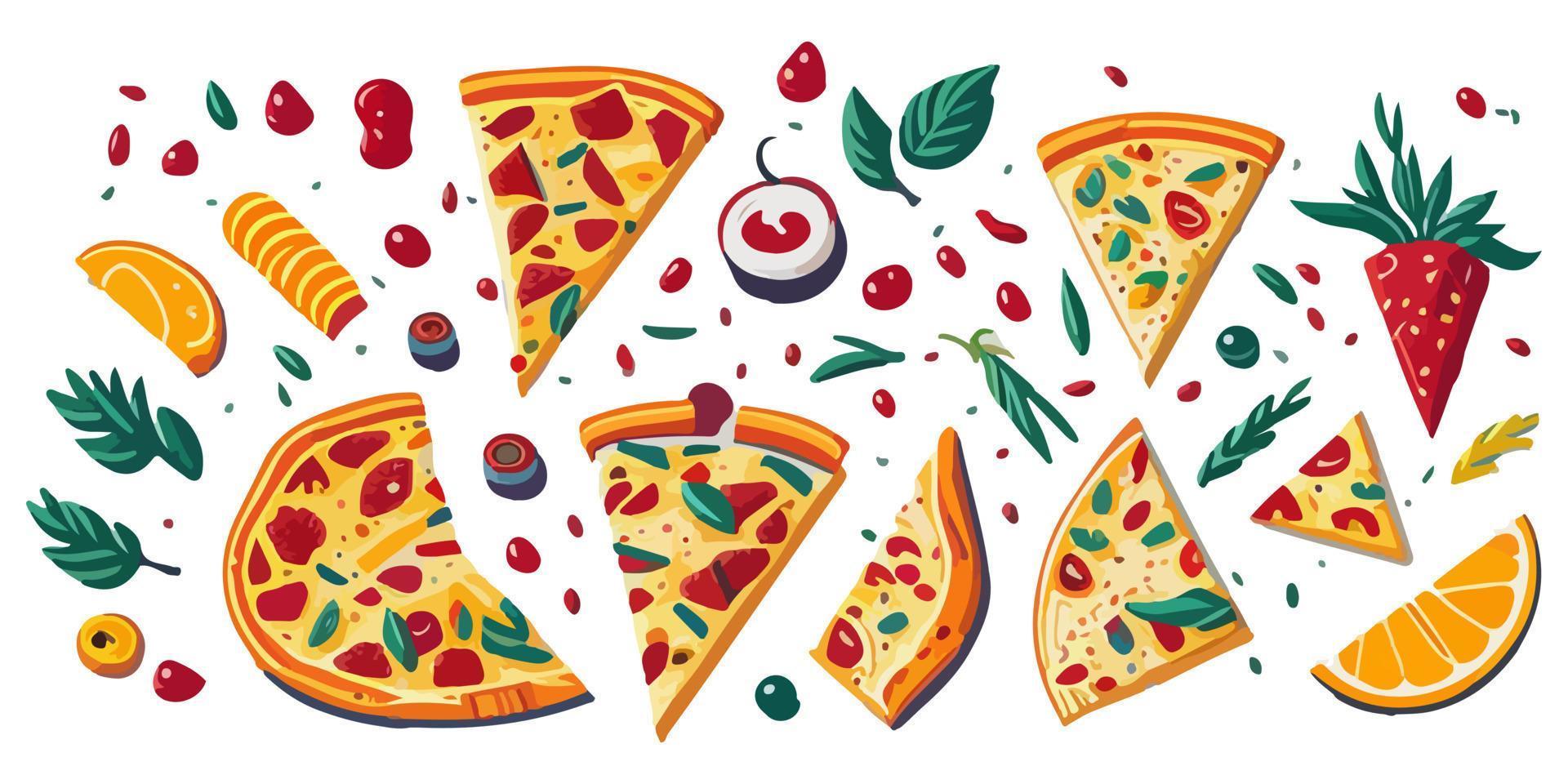 heerlijk spek en ui pizza Aan een bord, vlak vector ontwerp