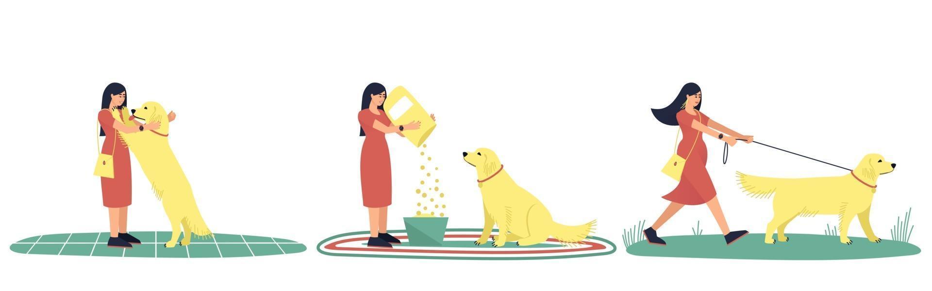 set van illustraties van een vrouw en haar labrador hond vector
