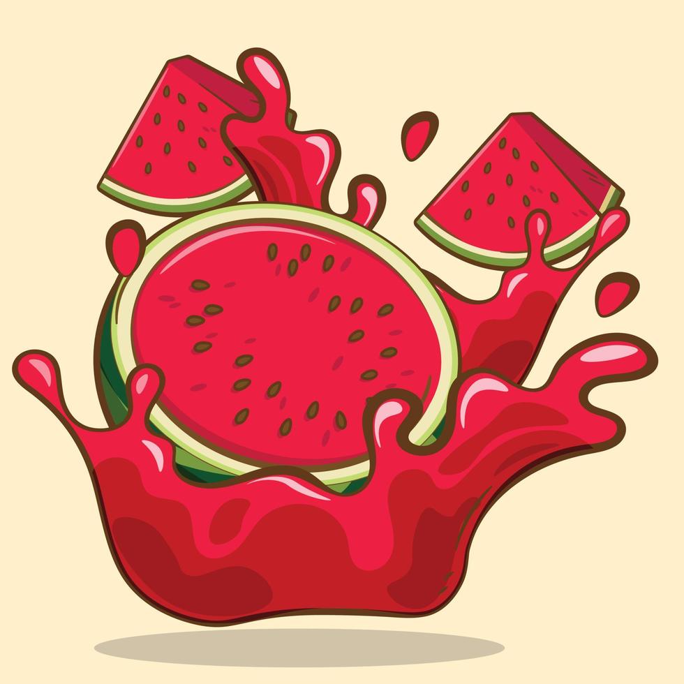 watermeloen sap vector illustratie. sap plons effect. rood vers sappig voor de helft en kwartaal gesneden watermeloen tropisch fruit met zaden