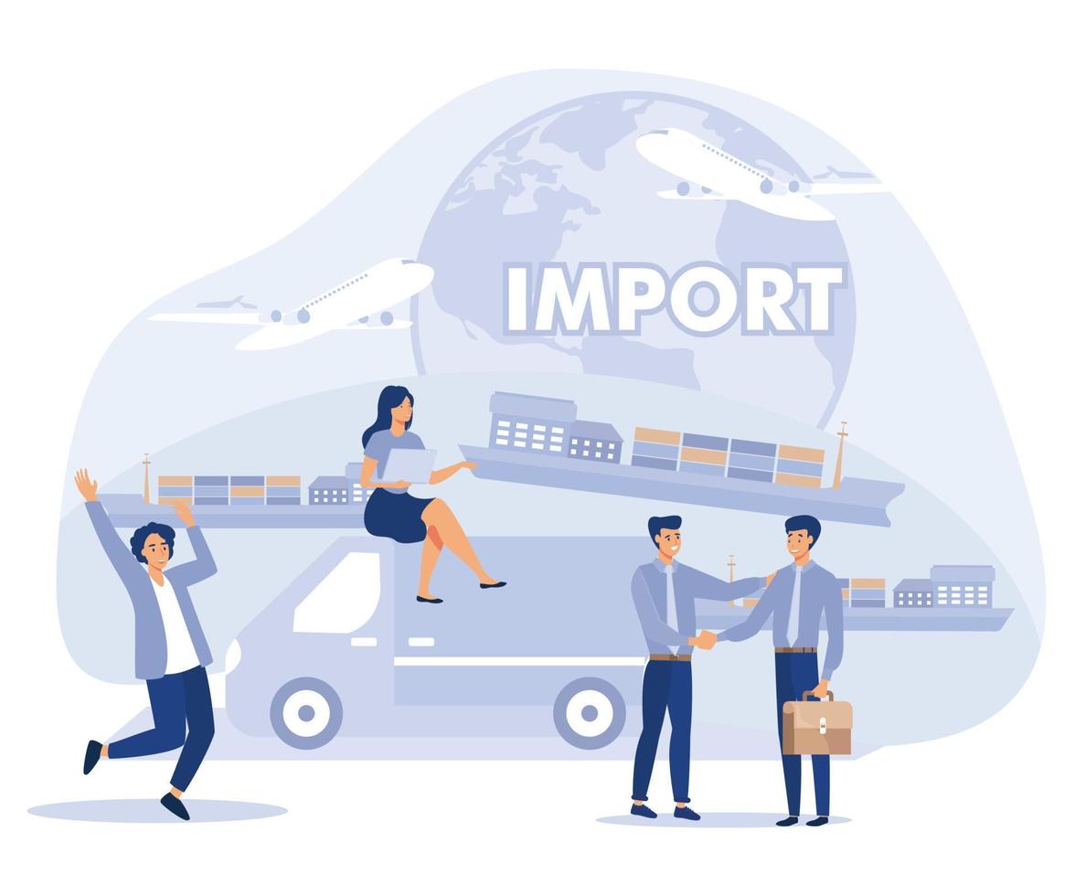 importeren en exporteren concept. klein mensen zakenman uitverkoop goederen en Diensten wereldwijd. vlak vector modern illustratie.