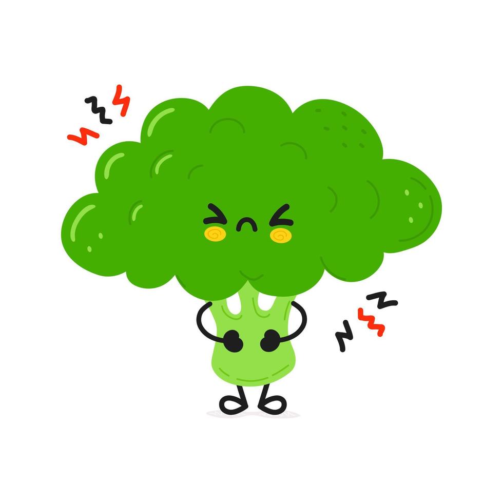 schattig boos broccoli karakter. vector hand- getrokken tekenfilm kawaii karakter illustratie icoon. geïsoleerd Aan wit achtergrond. verdrietig broccoli karakter concept