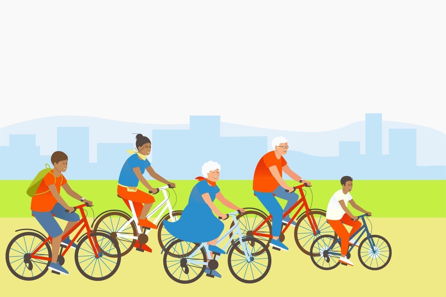 moeder, zoon, vader en grootouders fietsen vector