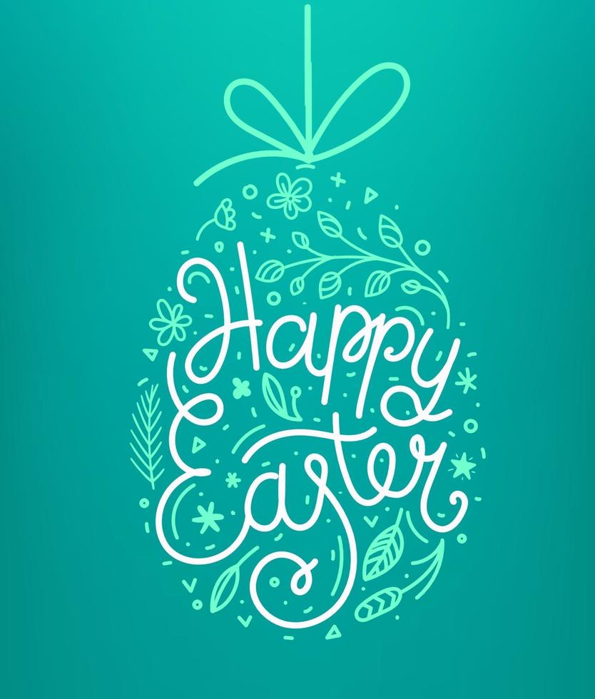 happy easter belettering inscriptie. paaseieren in doodle stijl vector