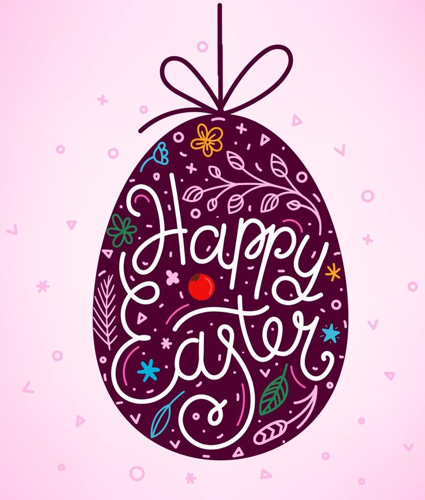 happy easter belettering inscriptie. paaseieren in doodle stijl vector