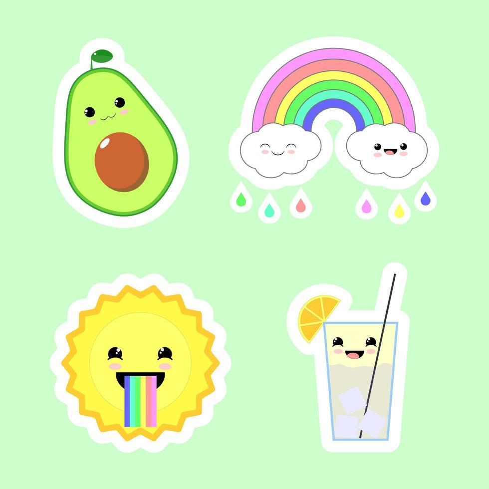 vier zomer stickers in kawaii stijl vector