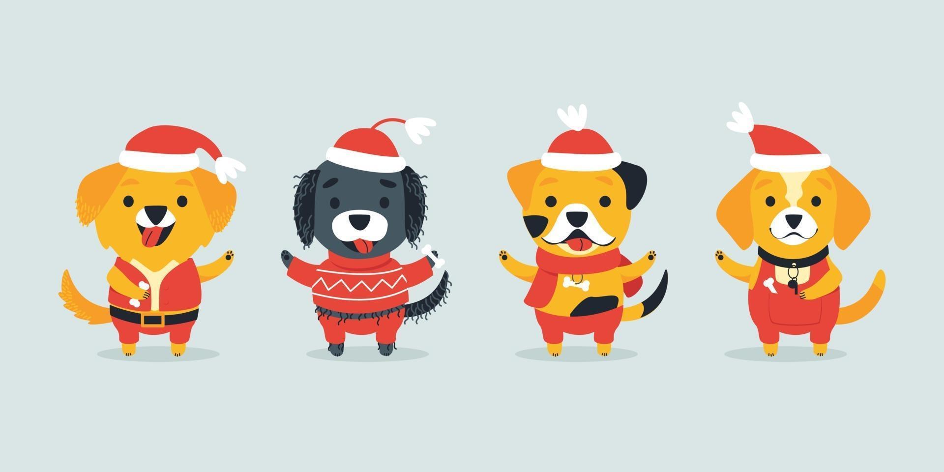 set van schattige honden van verschillende rassen in kerstkostuums vector