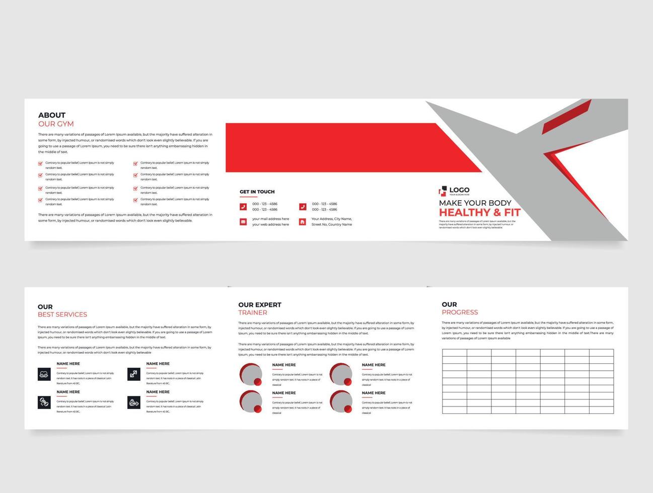 fitheid, Sportschool of Gezondheid landschap tri vouwen gezondheidszorg bedrijf brochure ontwerp minimaal en modern geschiktheid Hoes bladzijde, en brochure yoga folder ontwerp sjabloon vector