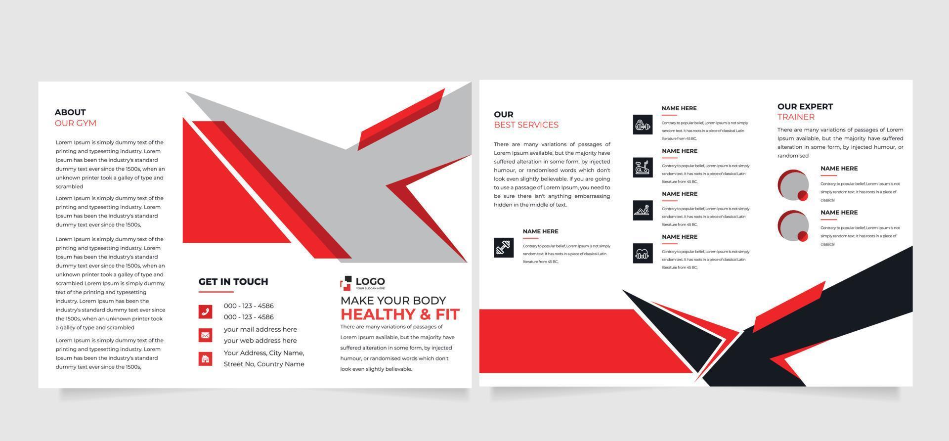 geschiktheid Sportschool tri vouwen brochure ontwerp sjabloon. zich aanpassen naar training yoga Gezondheid sport- brochure ontwerp sjabloon vector