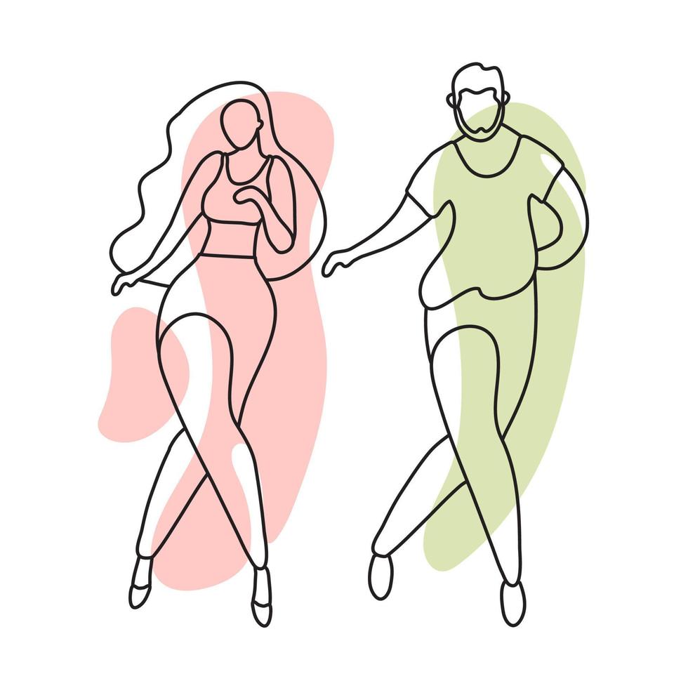 een mooi paar zijn in beweging. geliefden dans bachata, salsa. teder lijn kunst met vlekken. minimalisme vector