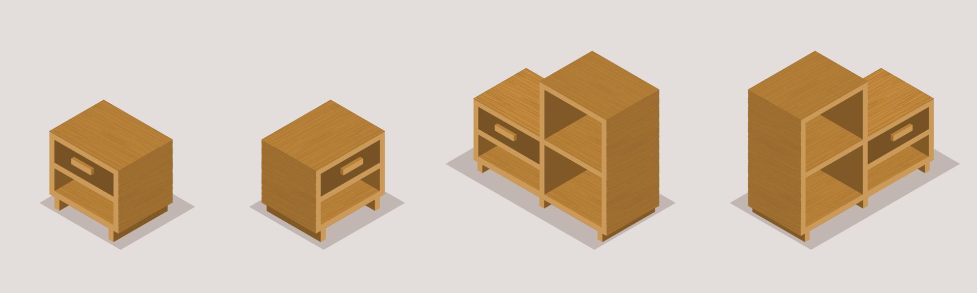 vector isometrische houten huis meubilair set. huiselijk meubilair en apparatuur. reeks van houten kasten. oud wijnoogst boekenplank.