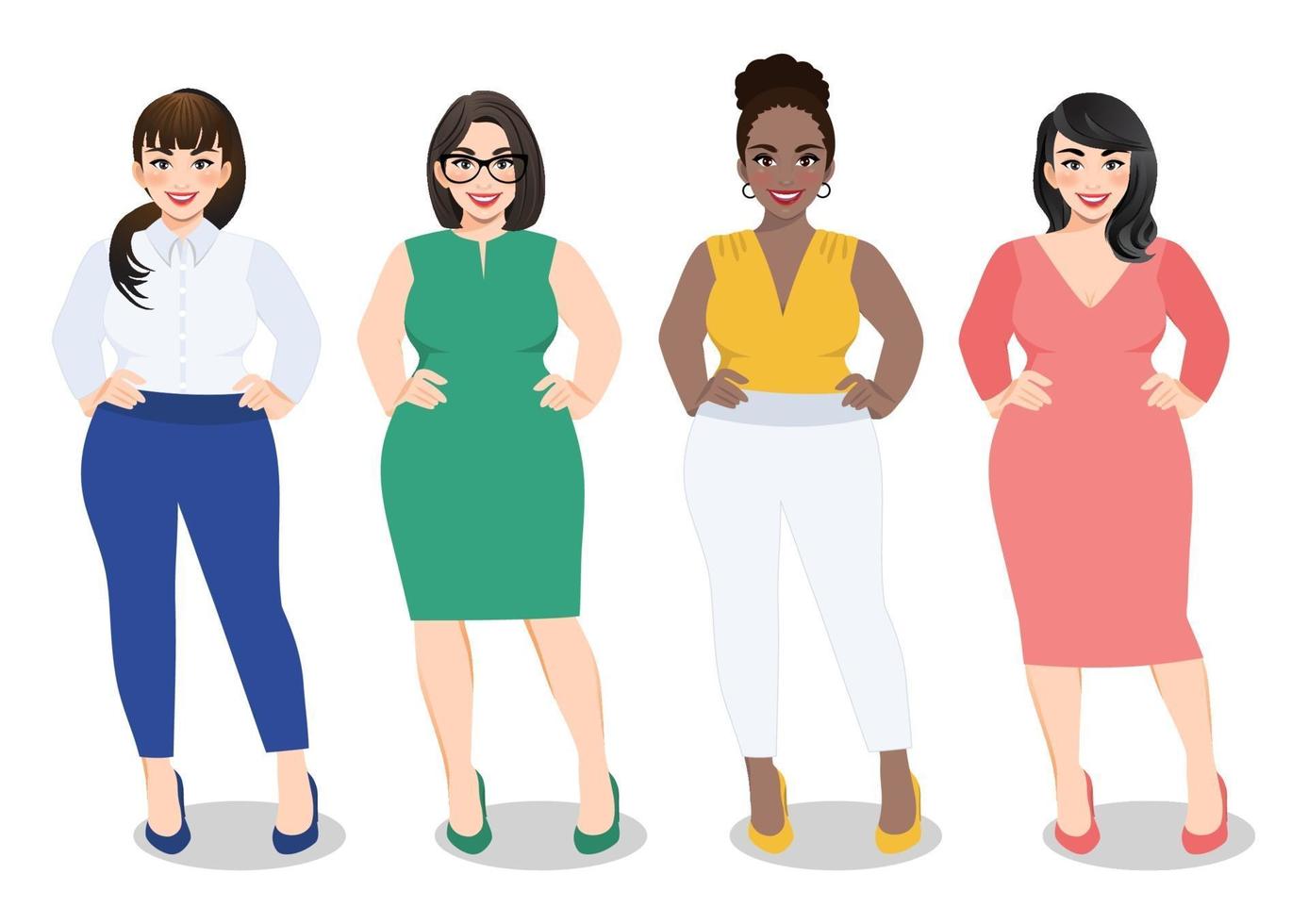 cartoon vector mooie plus size gebogen vrouwen in diverse mode kantoorkleding, werkende vrouwen vector.