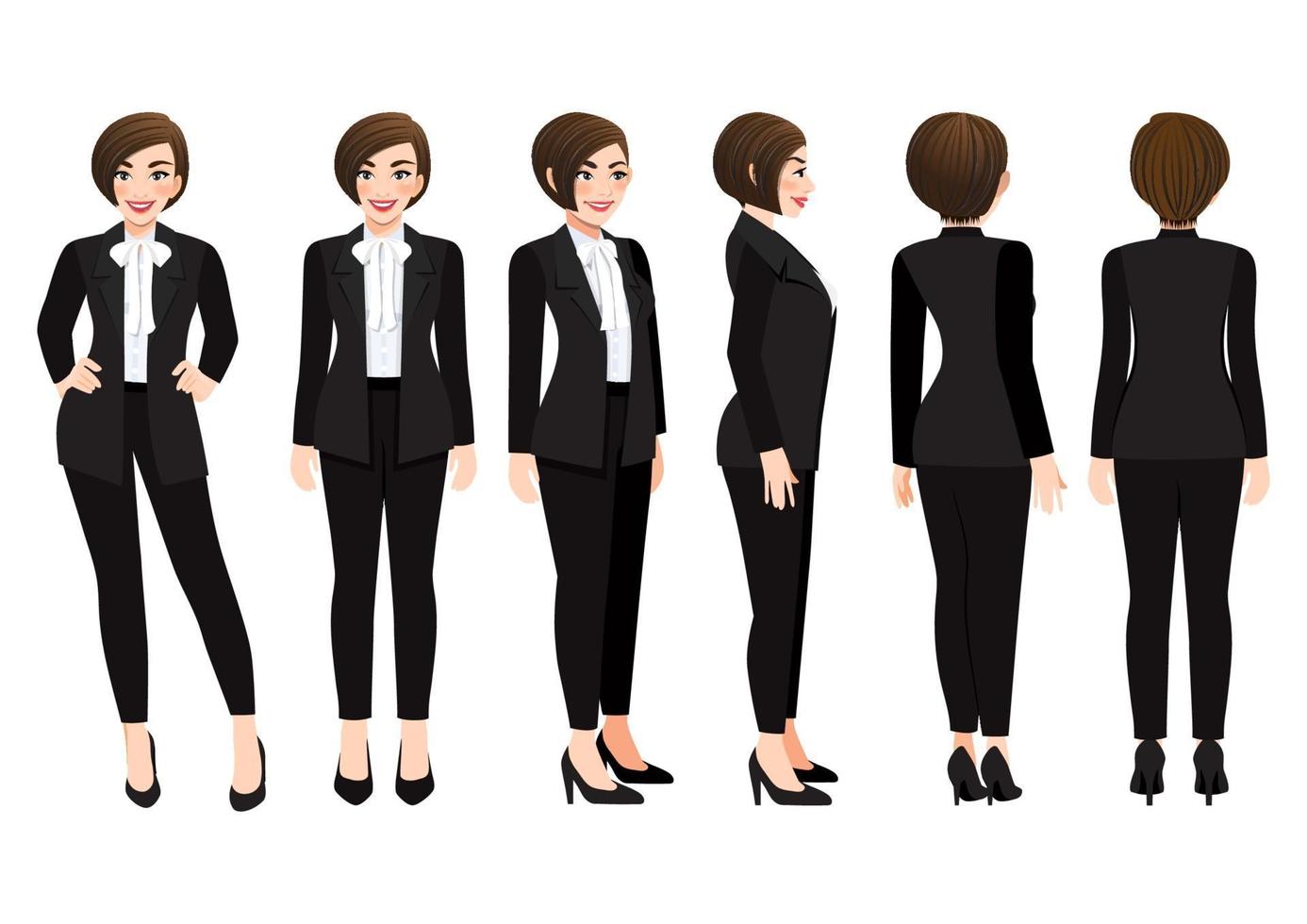 stripfiguur met zakenvrouw in zwart pak voor animatie. voorkant, zijkant, achterkant, 3-4 weergave karakter. vector illustratie