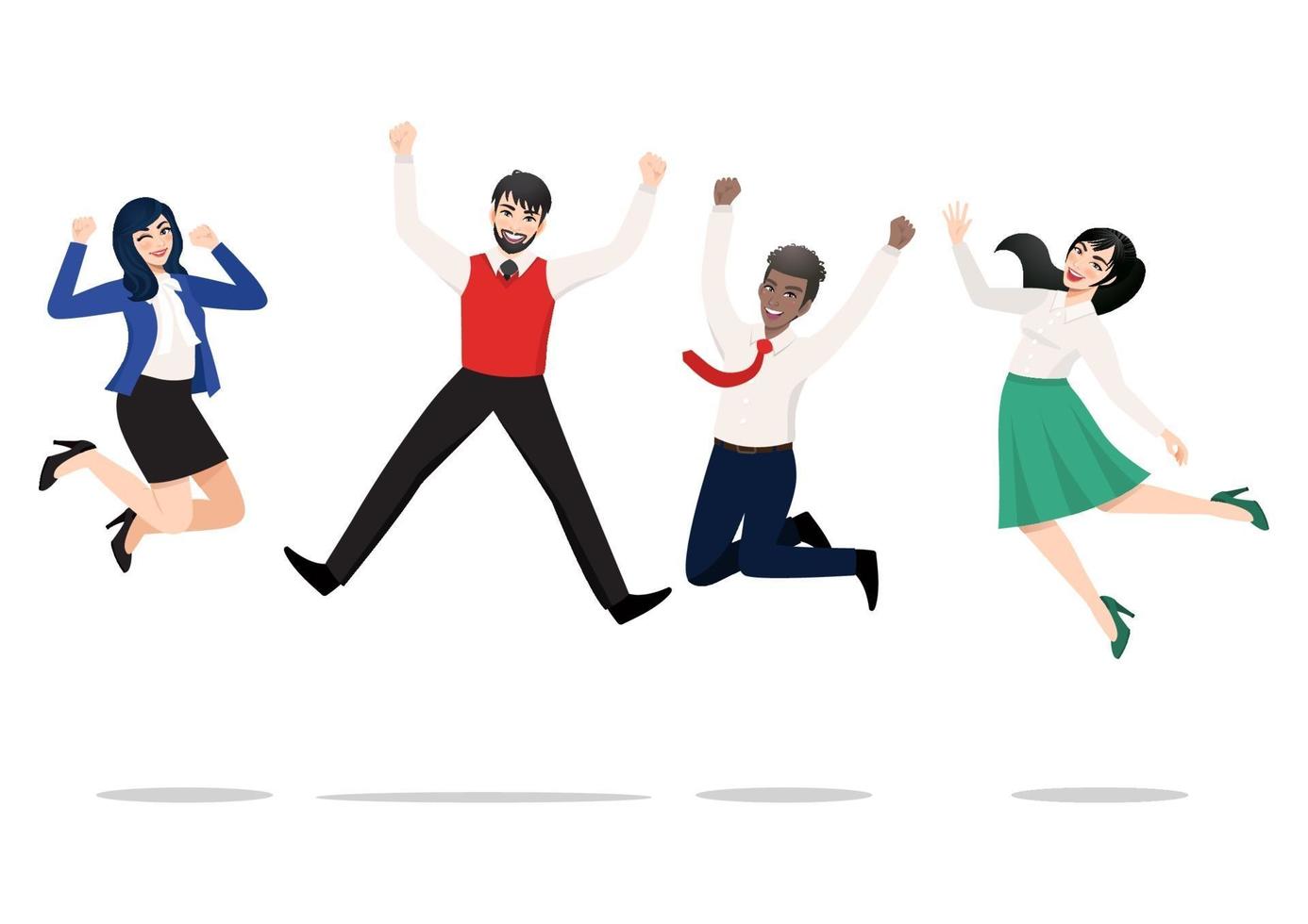 ondernemers springen vieren overwinning. vrolijke multiraciale mensen die samen vieren. een diverse groep gelukkige collega's van het bedrijfsteam die springen. platte vector winnende tekensverzameling
