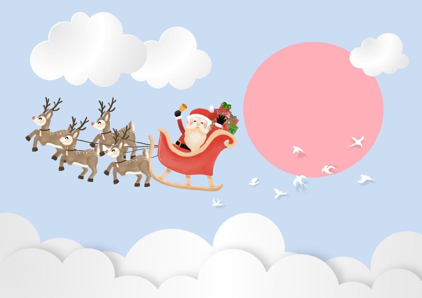 prettige kerstdagen en gelukkig nieuwjaar met de kerstman en rendieren slee de lucht in dagtijd vector en illustratie
