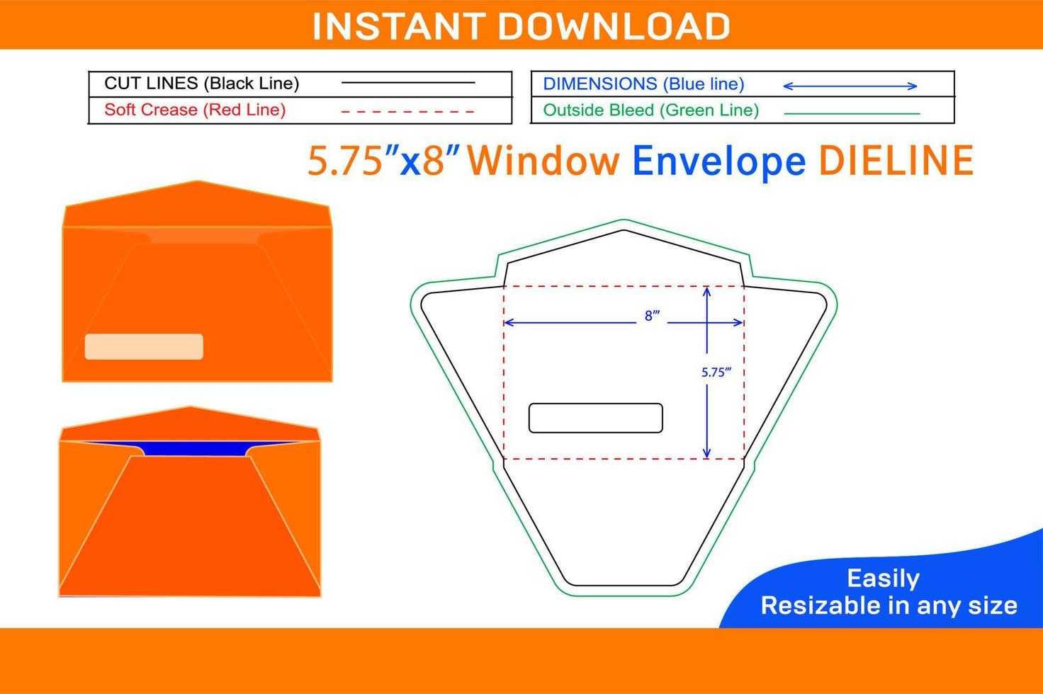 venster envelop dieline sjabloon en 3d envelop doos dieline en 3d doos vector