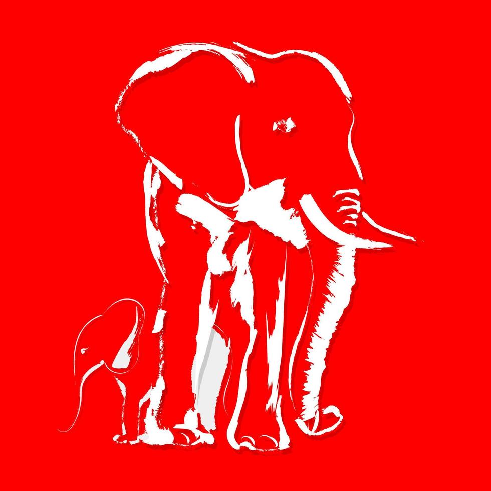 olifant familie penseelstreek kunst stijl over- rood achtergrond vector