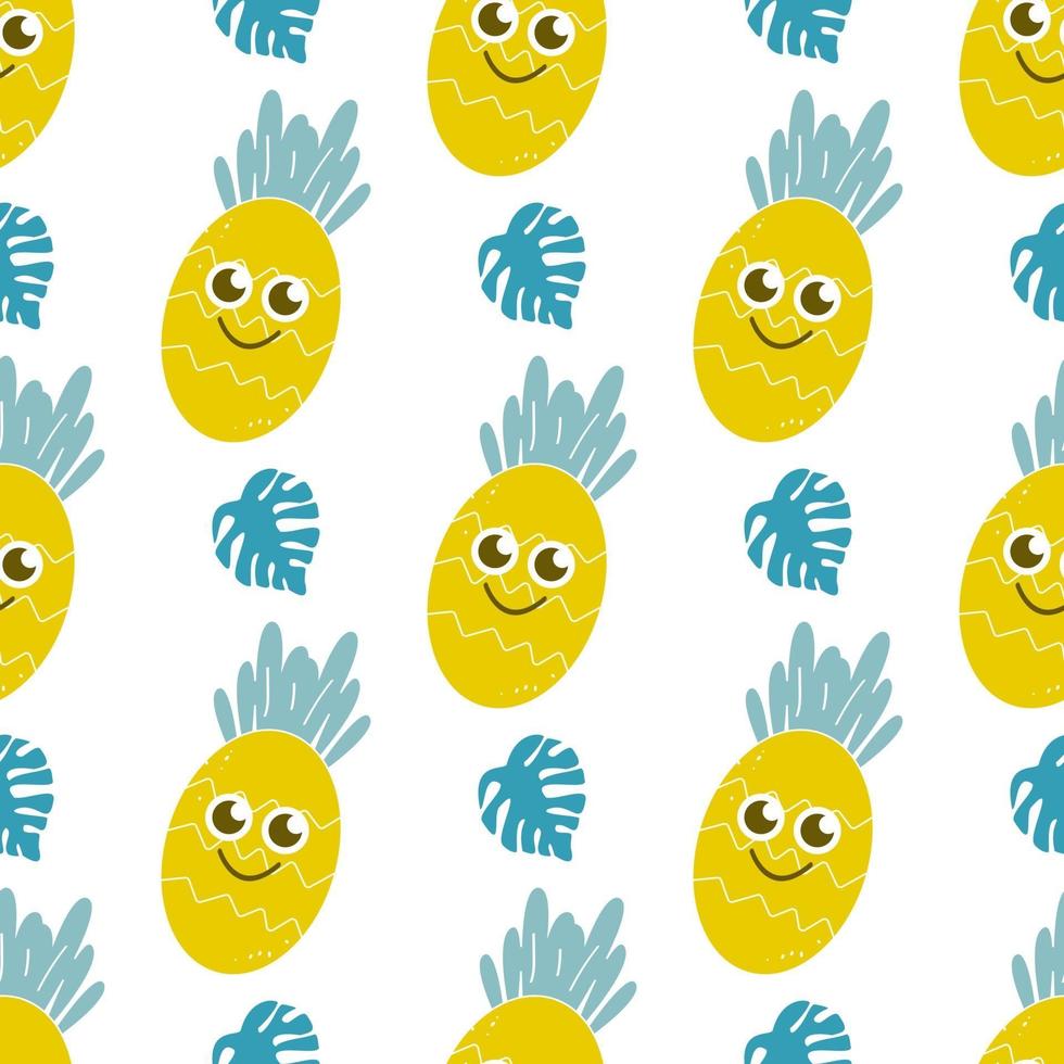 lachende ananas en monstera bladeren op een witte achtergrond. helder, sappig vector naadloos patroon. kinderdecor, fruit, bessen