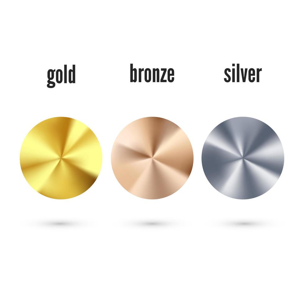 gouden zilver en bronzen radiaal helling set. realistisch metalen folie. verzameling van glimmend bronzen zilverachtig en goud patroon. vector illustratie