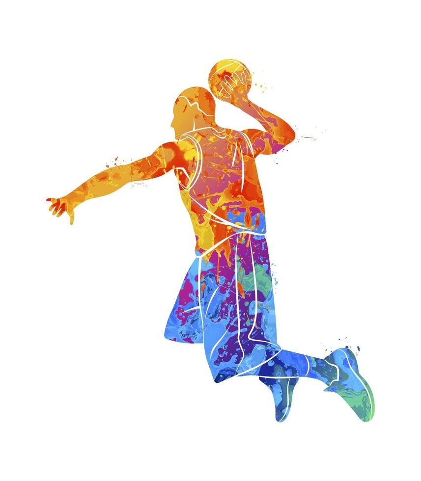 abstracte basketbalspeler met bal van splash van aquarellen. vectorillustratie van verven vector