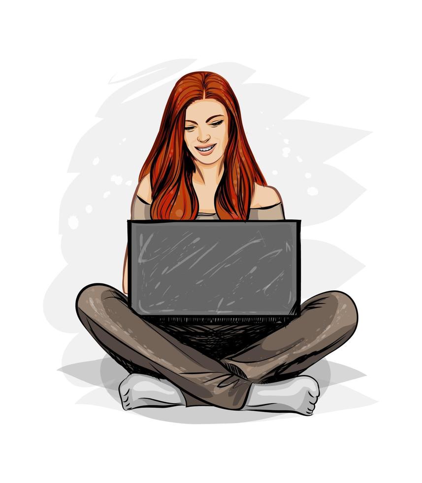 vrouw blogger die op laptop werkt. realistische vectorillustratie van verven vector