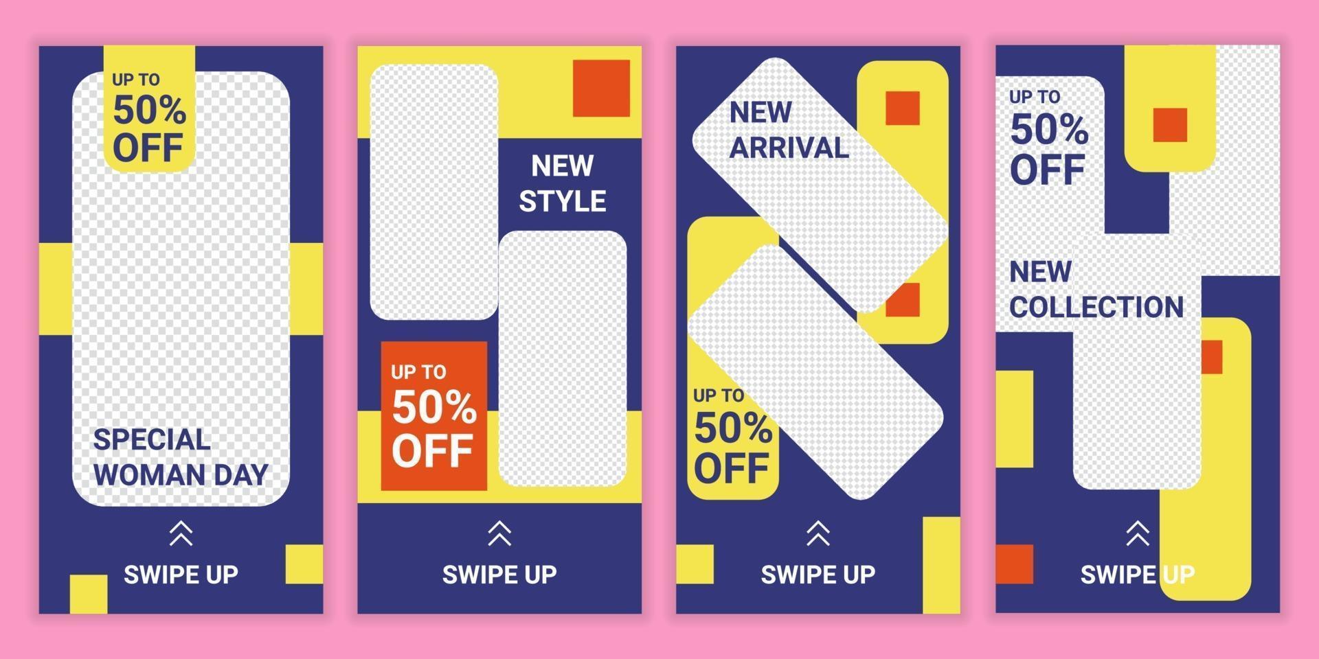 set van 4 sociale media-verhaallay-outs met blauwe, gele en oranje kleurrijke achtergrond. bewerkbare verhalen vector sjablonen pack voor modecollectie. korting speciale vrouwendag. veelkleurig verhaal