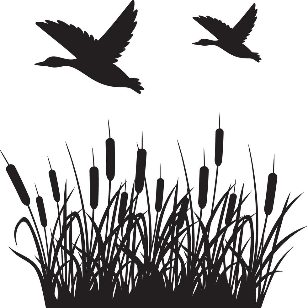 vliegende eenden en riet achtergrond silhouet vectorillustratie vector