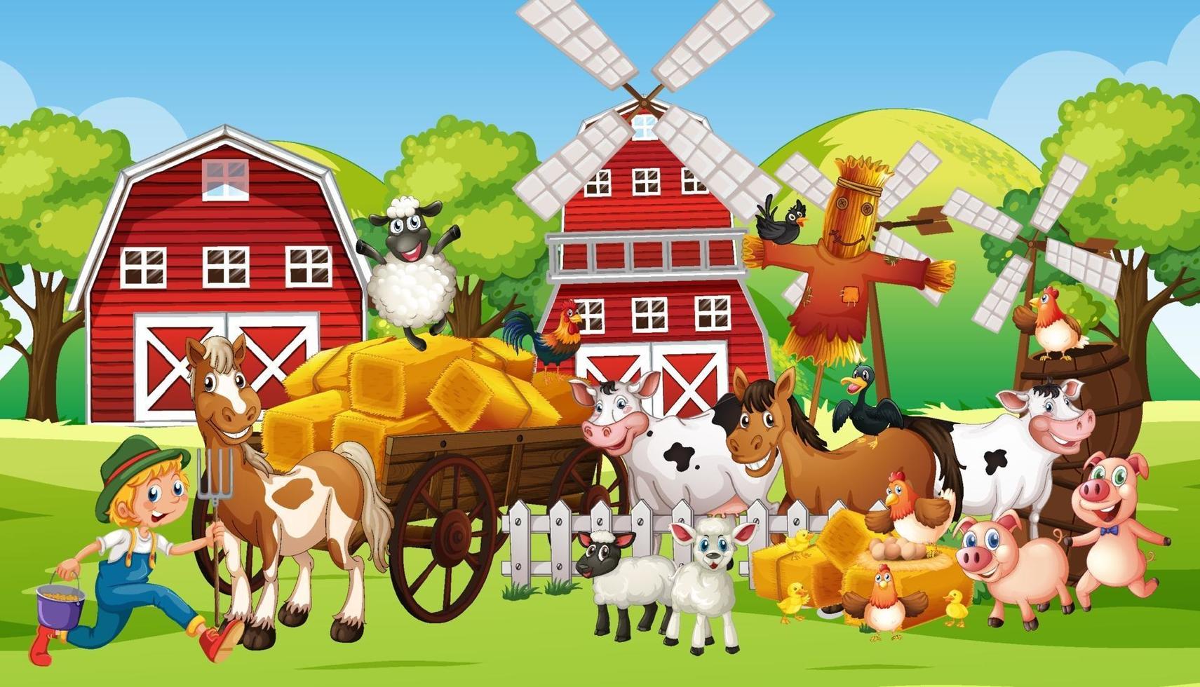 boerderijtafereel met veel boerderijdieren vector